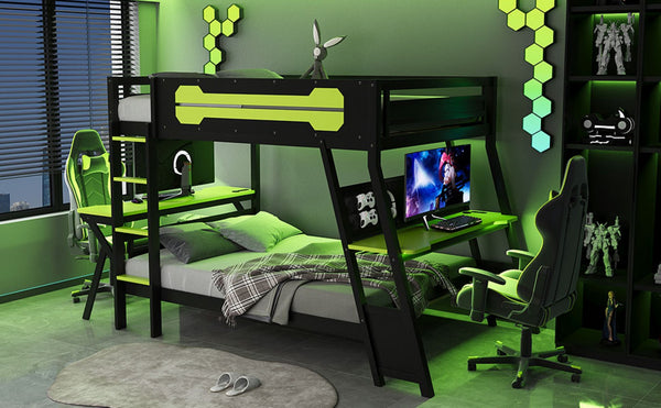 English Elm Full Size Gaming Bunk Bed with Dual Desks Usb Charging Ports and Pegboard Storage Green LT000274AAG