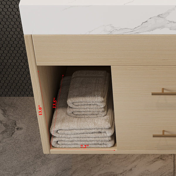 English Elm 29.9" Floating Bathroom Vanity Sintered Stone Top Soft Close Drawers Bronze Gold Hardware White,Wood W3136S00039