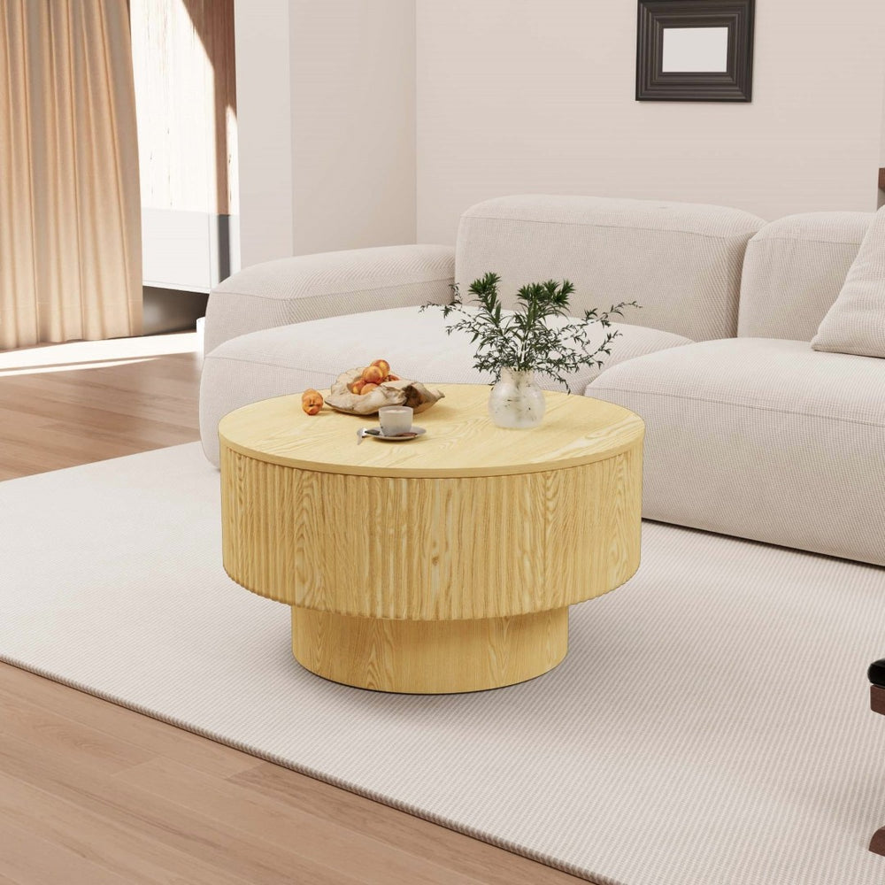 English Elm 29.53 Inch Round Mdf Coffee Table with Grooved Sides and Concealed Storage for Living Rooms W2189P320662