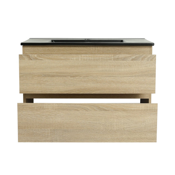 English Elm 30" Wall-Mounted Bathroom Vanity With Black Sink, Soft-Close Drawers, Modern Space-Saving Design W999S00194
