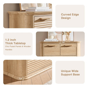 English Elm 6 Drawer Tall Fluted Chest with Waveform Fronts Slim Wooden Storage for Modern Bedroom Oak T5326P425103