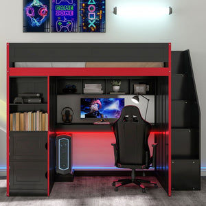 English Elm Gaming Twin Loft Bed with Led Desk Storage Locker and Bold Black Red Finish N709P004102J