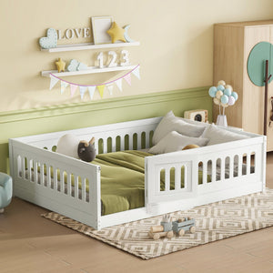 English Elm Full Size Floor Bed With Safety Guardrails And Built-In Door For Kids' Bedrooms And Playrooms W1820P240537