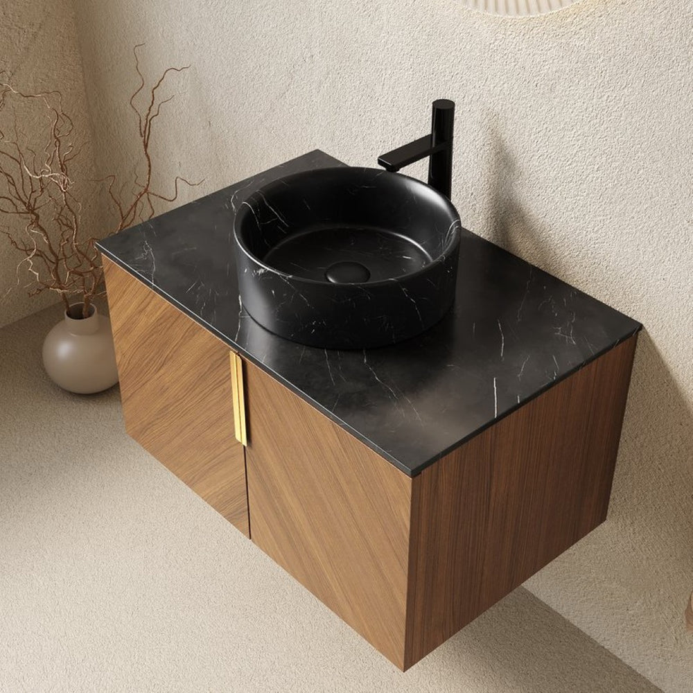 English Elm Muri Floating Bathroom Vanity Plywood Cabinet Sintered Stone Top Oak Drawer W2615S00549