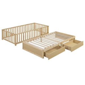 English Elm Twin Pinewood Daybed with Fence Guardrails Two Storage Drawers and Split Floor Bed Natural LP200881AAN