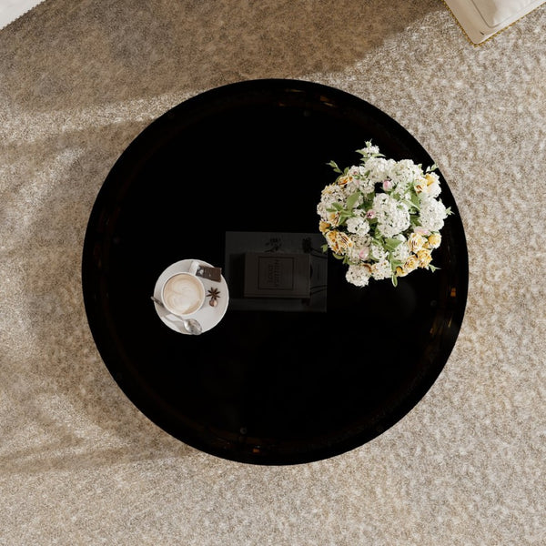 English Elm Round Tempered Glass Coffee Table with Gold Geometric Metal Base and Open Storage Shelf Black N735P396530B