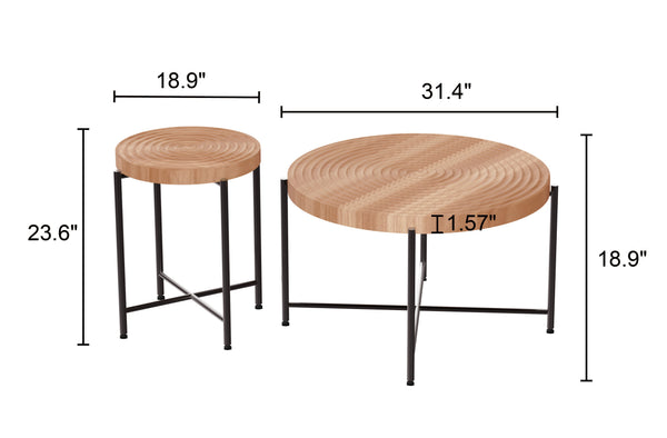 English Elm 2-Piece Rustic Coffee and End Table Set with Waterproof MDF Tops, Distressed Cylindrical Wood Look Natural Wood+Brown B2735P269979