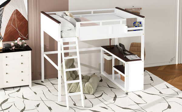 English Elm Queen Size Loft Bed With Desk, Usb Charging, Storage Box & Open Shelves For Organized Living Space N7090005002W-GIGA