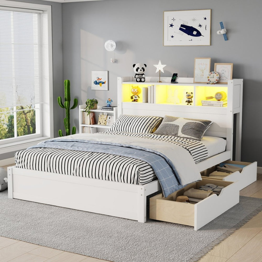 English Elm Twin Wood Storage Bed with Led Headboard Drawers and Pull Out Cabinet for Kids White W2593S00050