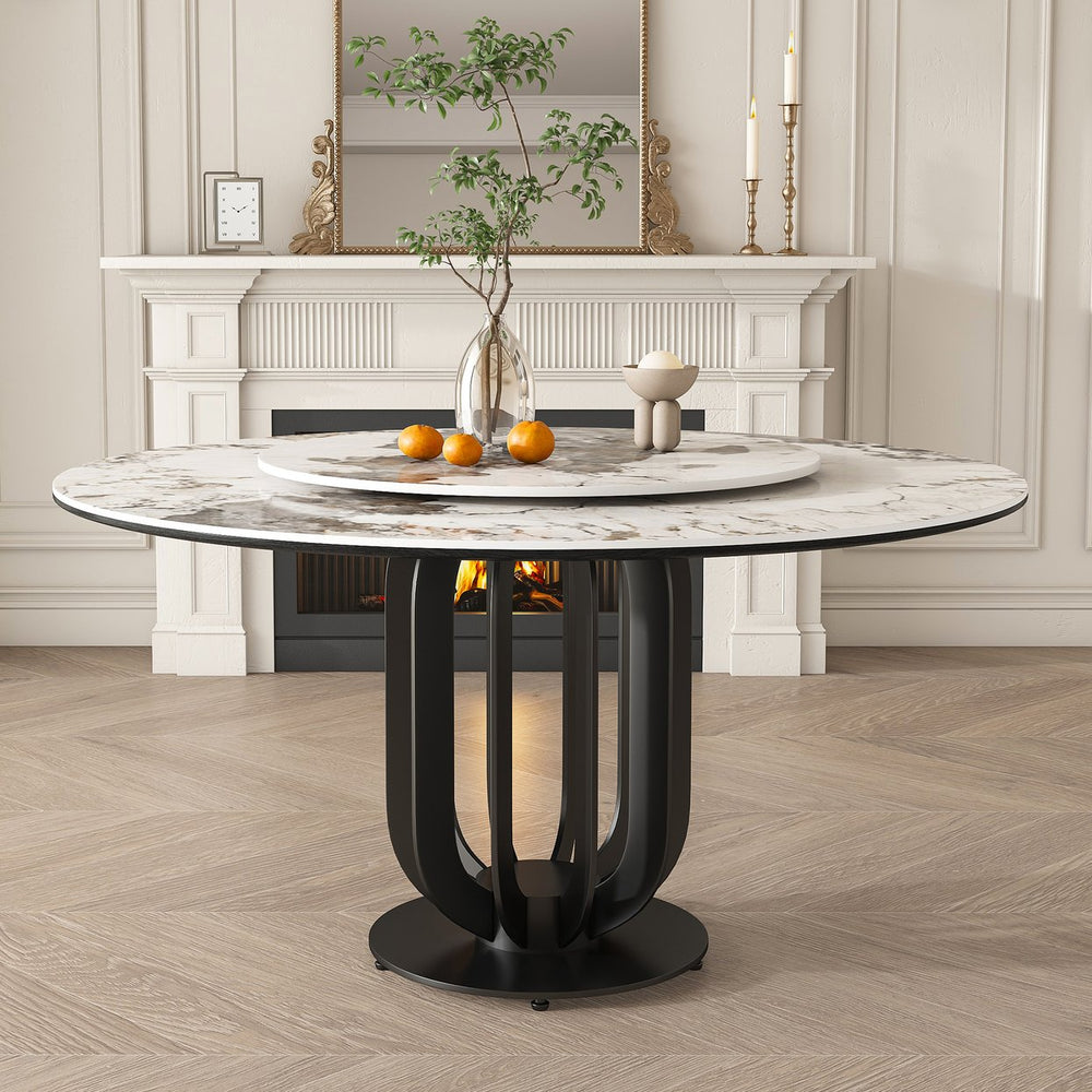English Elm 53" Round Sintered Stone Dining Table With Lazy Susan, Black Steel Base - Stylish & Durable Design W2699S00040