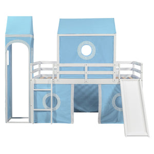 English Elm Twin Castle Loft Bed with Slide Tent and Tower Pinewood Playhouse Frame for Kids N708P249475C