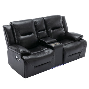 English Elm Home Theater Recliner Set with LED Accent Lighting, Dual Cup Holders, Gel Leather Comfort Seating Black SG001470AAB