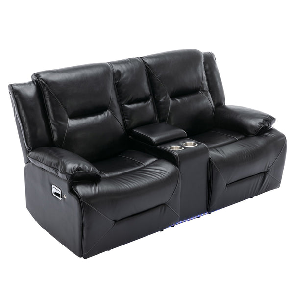 English Elm Home Theater Recliner Set with LED Accent Lighting, Dual Cup Holders, Gel Leather Comfort Seating Black SG001470AAB