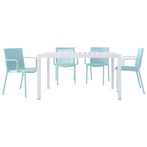 English Elm 4pcs Stackable PP Armchair and 55" Modern Long Table Set – Weatherproof, UV-Resistant, Ergonomic Comfort Light Blue W3450S00008
