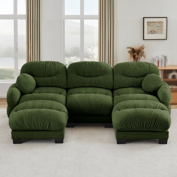 English Elm Pleated Chenille U-shape Sectional Sofa with Ottomans Ergonomic Foam Curved Armrests Green W5656S00051