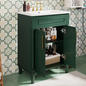 English Elm 24" Bathroom Vanity with Integrated Ceramic Sink and Adjustable Shelf, Vintage Hardware, Space-Saving Design Green N710P277711F
