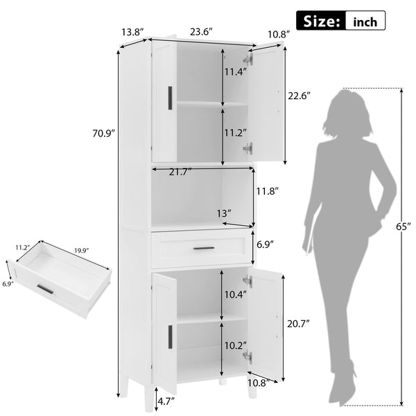 English Elm 70.9" High Freestanding Tall Bathroom Cabinet with Soft-Close Doors, Drawer & Adjustable Shelves for Organized Living White N729P272001K