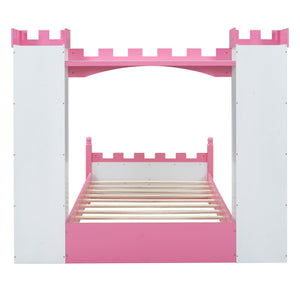 English Elm Castle-Shaped Twin Bed with Crown Footboard and Built-In Shelves, Sturdy MDF/Pine Frame for Kids White+Pink 82 L x 14.25 W x 6.75 H N733S177379K