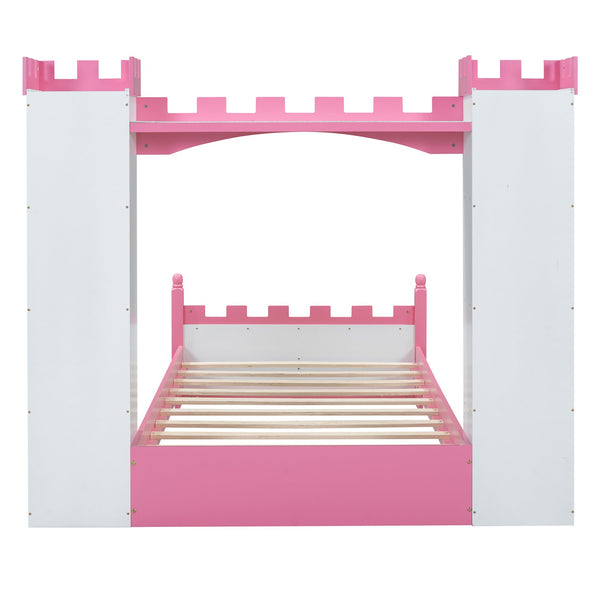 English Elm Castle-Shaped Twin Bed with Crown Footboard and Built-In Shelves, Sturdy MDF/Pine Frame for Kids White+Pink 82 L x 14.25 W x 6.75 H N733S177379K