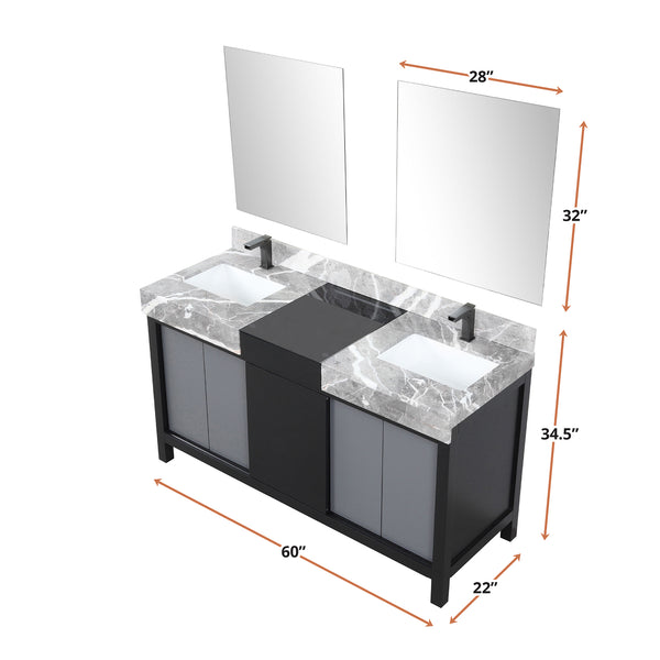 English Elm Black Double Bath Vanity 60" With Castle Grey Marble Top, Gun Metal Faucets & 28" Matching Mirrors B2731S01154
