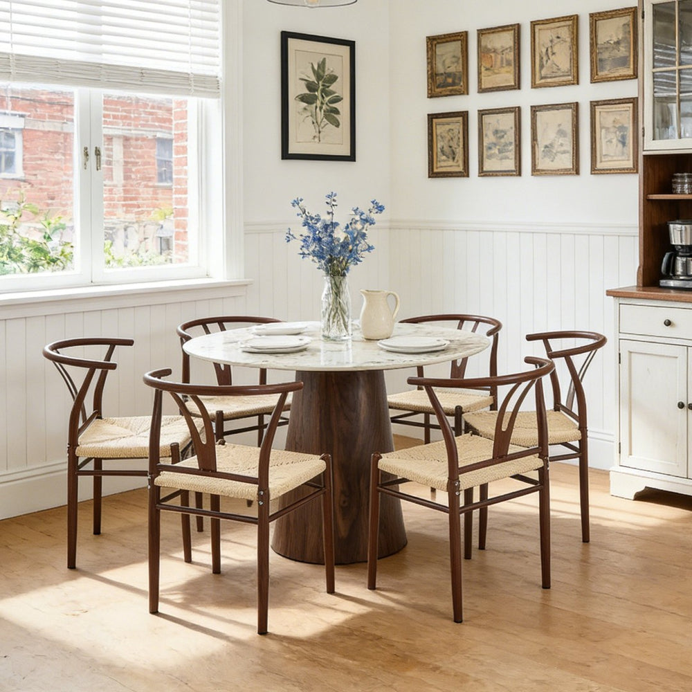 English Elm Table and Chair Set 42 Inch Round Stone Look Top with Six Rope Woven Wishbone Seats W2920S00157