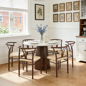 English Elm Table and Chair Set 42 Inch Round Stone Look Top with Six Rope Woven Wishbone Seats W2920S00157