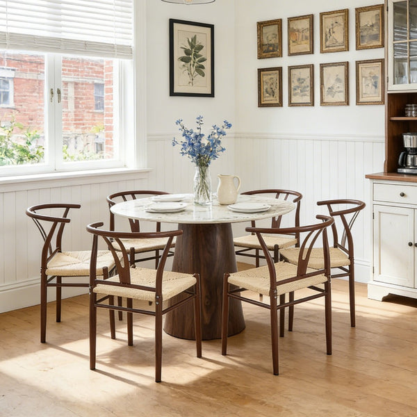 English Elm Table and Chair Set 42 Inch Round Stone Look Top with Six Rope Woven Wishbone Seats W2920S00157