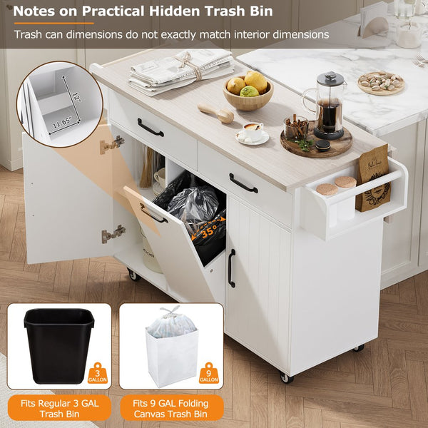 English Elm K&K Kitchen Island with Tilt-Out Trash Can, Drop Leaf Counter, Adjustable Shelf, Rolling Cart Ameican White Oak WF326381AAW