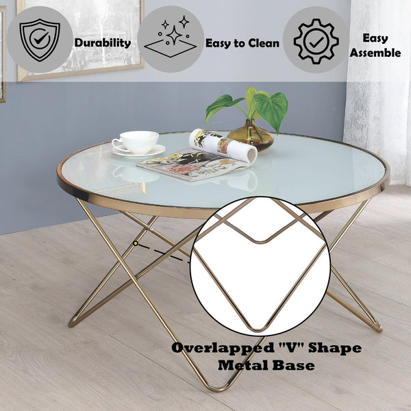 English Elm Valora Frosted Glass Top Coffee Table with Overlapped V Metal Base, Modern Elegant Centerpiece Champagne 39 L x 38 W x 5 H B2726P251274