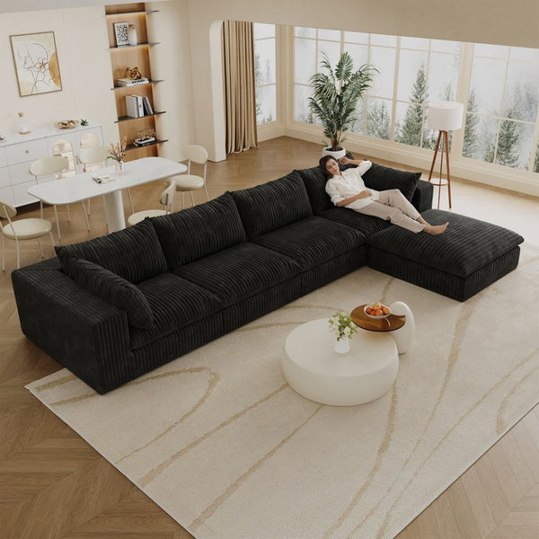 English Elm 157.6" Corduroy Modular Cloud Sofa Feather Fill Deep Lounge Seating for Living Room Black W2824S00185