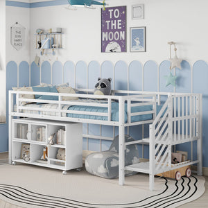 English Elm Twin Metal Loft Bed with Stairs and Six Storage Cubbies, Sturdy Metal Slat Support, Safe Low Design for Kids White 75.2 L x 17.72 W x 9.45 H W2593P305721