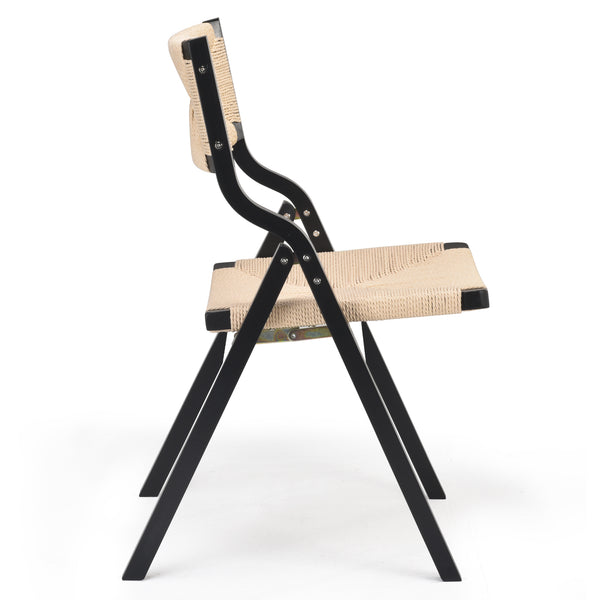 English Elm Wood Foldable Dining Chair Set of 2 with Woven Rattan Seat, Teak Finish, Comfortable Padded Design Black,Natural T3623P380477