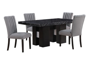 English Elm JHOANNA Solid Wood 5PC Dining Set in Black with Extra-Thick Top, Double Pedestal & Grey Chairs B201S00332