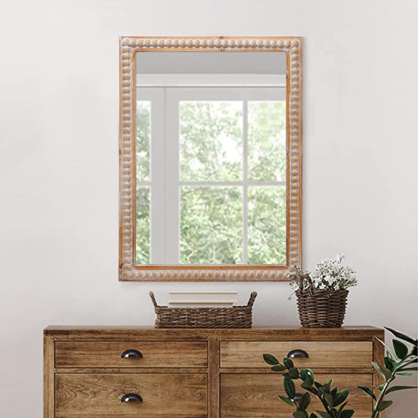 English Elm 22x30 Wood Framed Mirror Antique Natural Farmhouse Wall Mounted Rectangle Vanity Mirror with Beaded Trim for Bathroom Bedroom Hallway W2295P290649