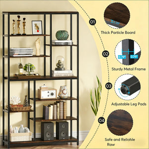 English Elm Tall Industrial Etagere Bookcase with Staggered Open Shelves for Living Room or Office T3971P449887