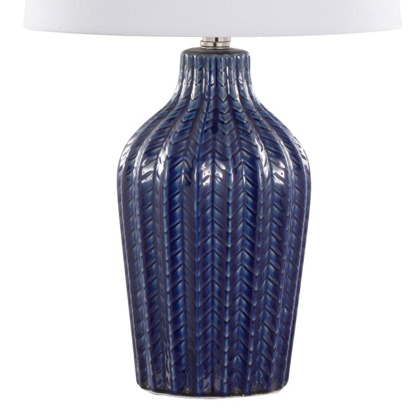 English Elm Rockwell 23" Contemporary Ceramic Table Lamp Set of 2 in Dark Blue Chevron Gloss with White Linen Shade, Polished Nickel Accents B202P224022
