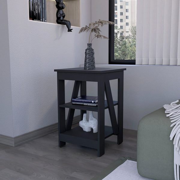English Elm Wenge Modern Side Table with 2 Shelves — Engineered Wood Accent End Table for Living Room Storage and Display (23.8" H) B062P193656