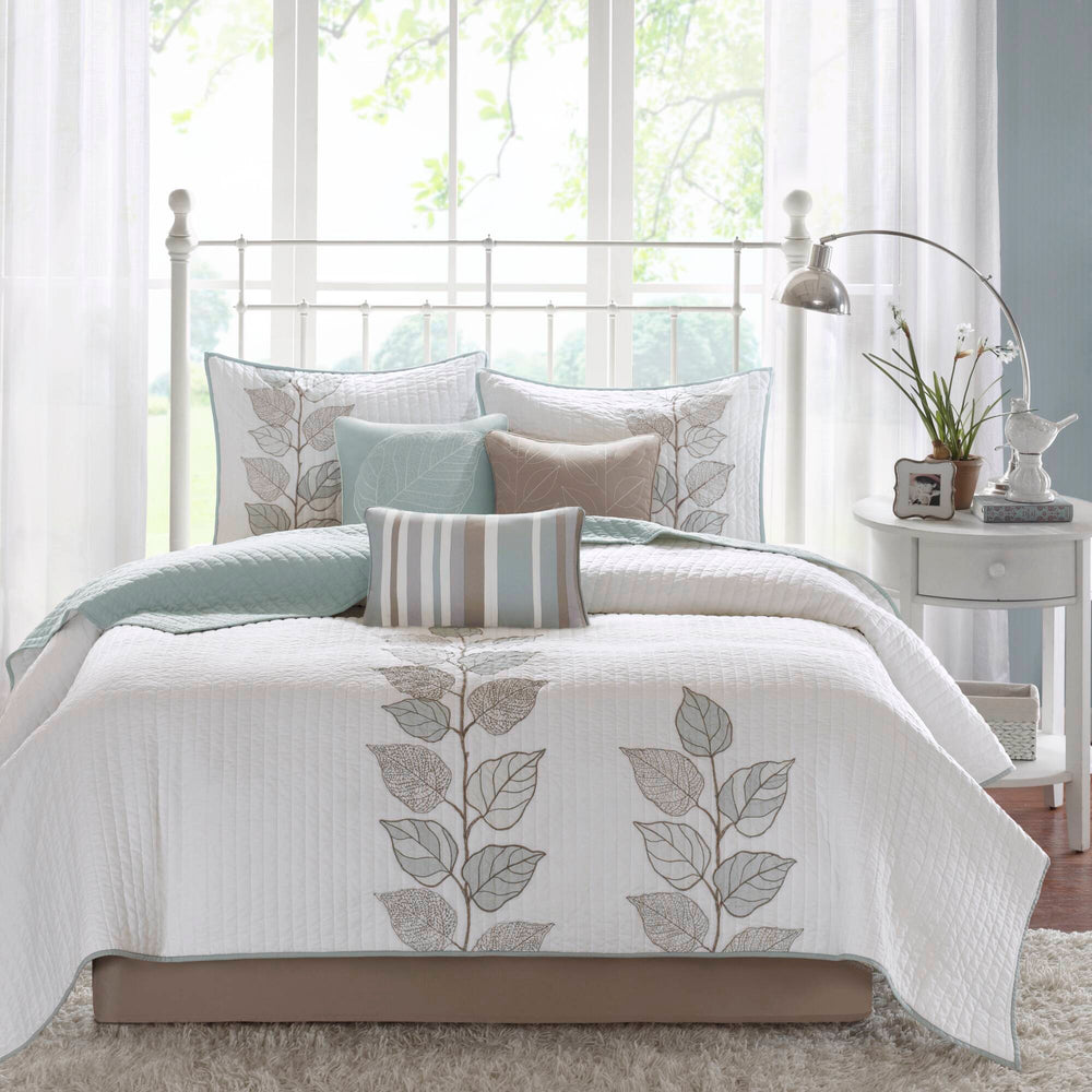 JLA Home Madison Park - 6 Embroidered Quilt Set with Reversible Leaf Motif, Soft Microfiber, Machine Washable, Elegant Bedroom Layering 104 L x 94 W x 0.25H MP13-774