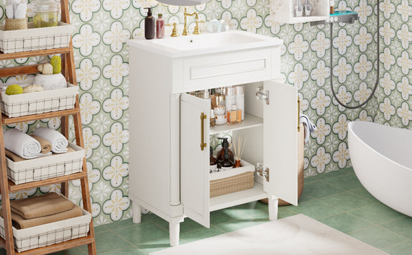English Elm 24" Bathroom Vanity with Integrated Ceramic Sink and Adjustable Shelf, Vintage Hardware, Space-Saving Design White N710P277711K