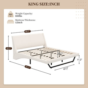 English Elm Queen Pu Leather Platform Bed Sculptural Wave Base Floating Silhouette Modern Bedroom White N761S0000032W