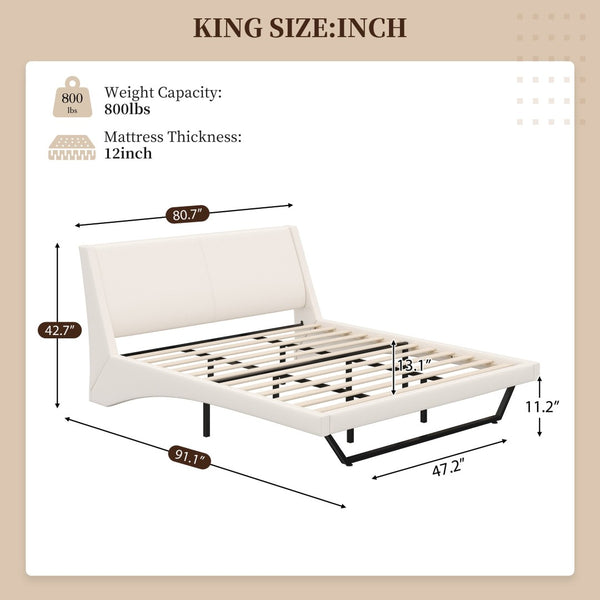 English Elm Queen Pu Leather Platform Bed Sculptural Wave Base Floating Silhouette Modern Bedroom White N761S0000032W