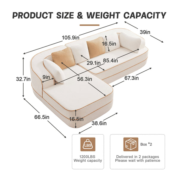English Elm 106" L-Shaped Teddy Velvet Sofa - No Assembly, Fluffy Comfort, Ergonomic Support For Cozy Living Room W714S01414