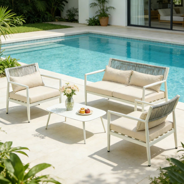 English Elm Outdoor Pe Rope Woven 4 Seat Sectional Sofa Set with Foam Cushions Iron Frame T5880S00013