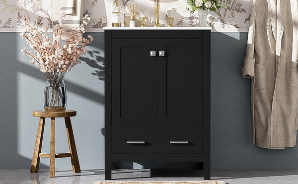 English Elm 24-inch Modern Bathroom Vanity with Ceramic Sink, Soft-Close Doors, Drawer Divider & Ample Storage Black N729P299440B