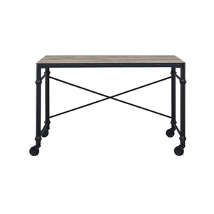 English Elm Oklarth Industrial Rustic Oak Writing Desk with Black Metal Frame, Nailhead Accent, Mobile Wheels B2726P265732