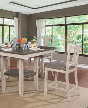 English Elm Dining Rustic Country Counter Height 5pc Dining Set with Plank Table, Open Shelf & Padded Chairs Antique White+Gray,Gray 45 L x 45 W x 21 H B2741P301879