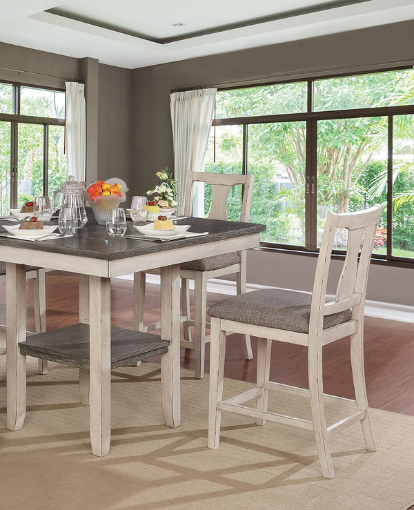 English Elm Dining Rustic Country Counter Height 5pc Dining Set with Plank Table, Open Shelf & Padded Chairs Antique White+Gray,Gray 45 L x 45 W x 21 H B2741P301879