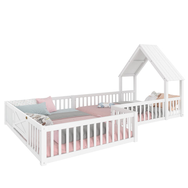 English Elm Full Full Size House Floor Bed with Door & Guardrails, Solid Wood Playful Design for Kids, Safe and Durable White W1580P327130