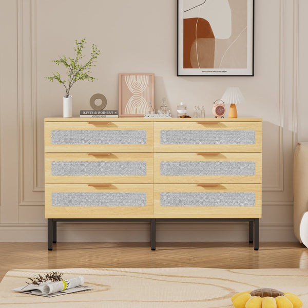 English Elm 6 Drawer Oak Dresser with Linen Fronts and Metal Legs for Modern Bedroom Storage T3773P422847