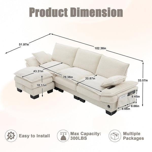 English Elm Sectional Cloud Sofa Modular Deep Seat Corduroy Upholstered Living Room Couch with Storage Beige W395S00129